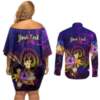 Northern Mariana Islands Couples Matching Off Shoulder Short Dress and Long Sleeve Button Shirt Whale Hibiscus Polynesian