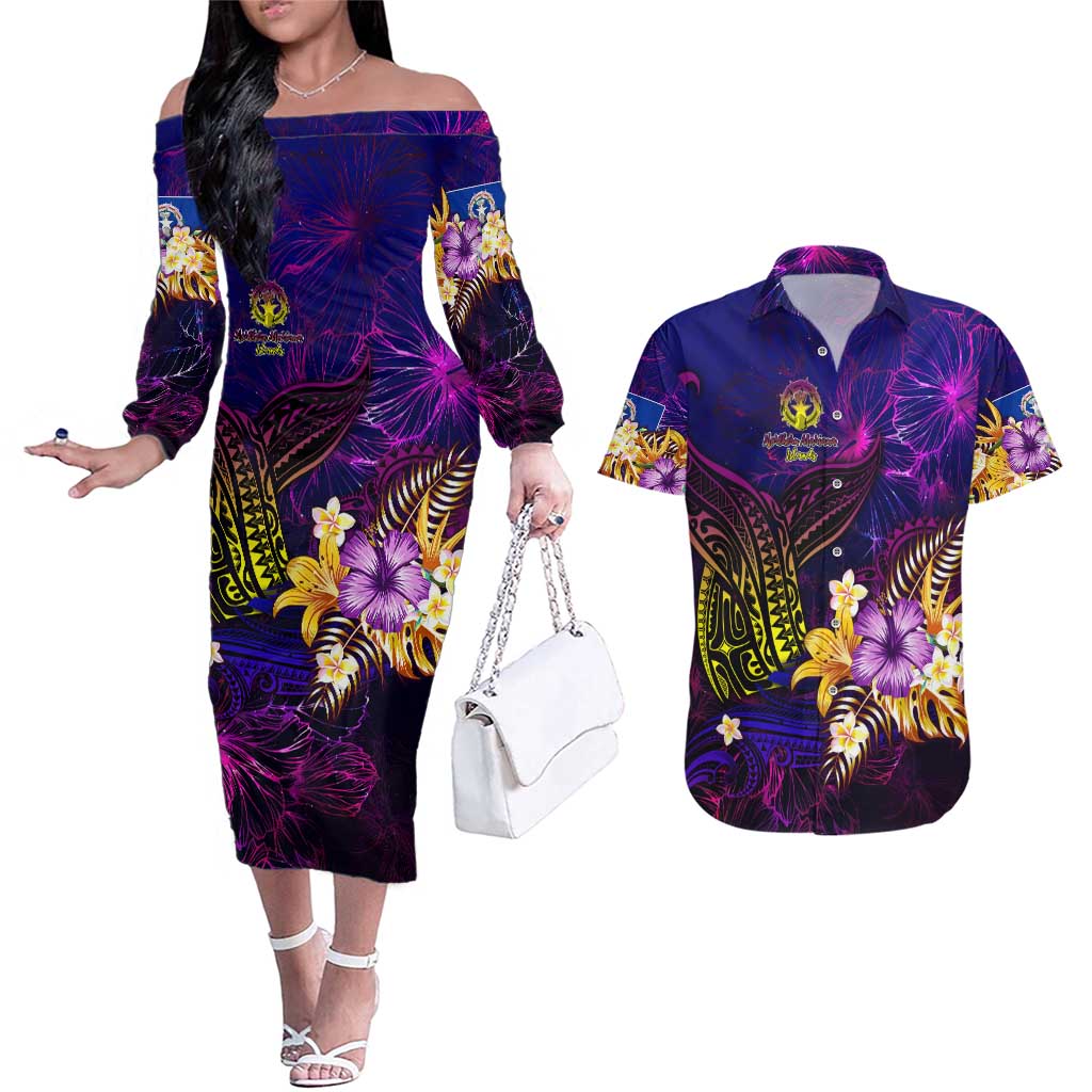 Northern Mariana Islands Couples Matching Off The Shoulder Long Sleeve Dress and Hawaiian Shirt Whale Hibiscus Polynesian DT02 Purple - Polynesian Pride