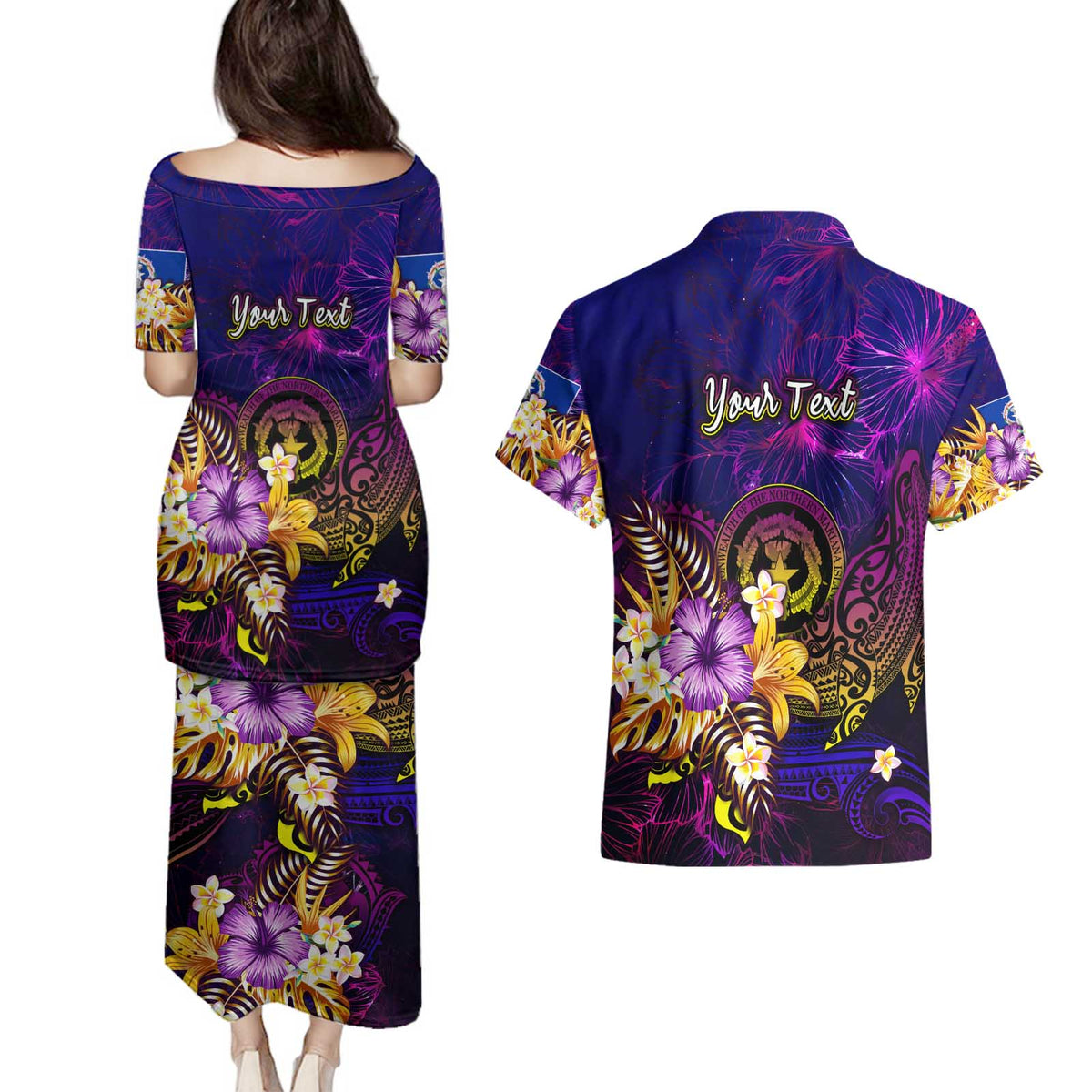 Northern Mariana Islands Couples Matching Puletasi and Hawaiian Shirt Whale Hibiscus Polynesian