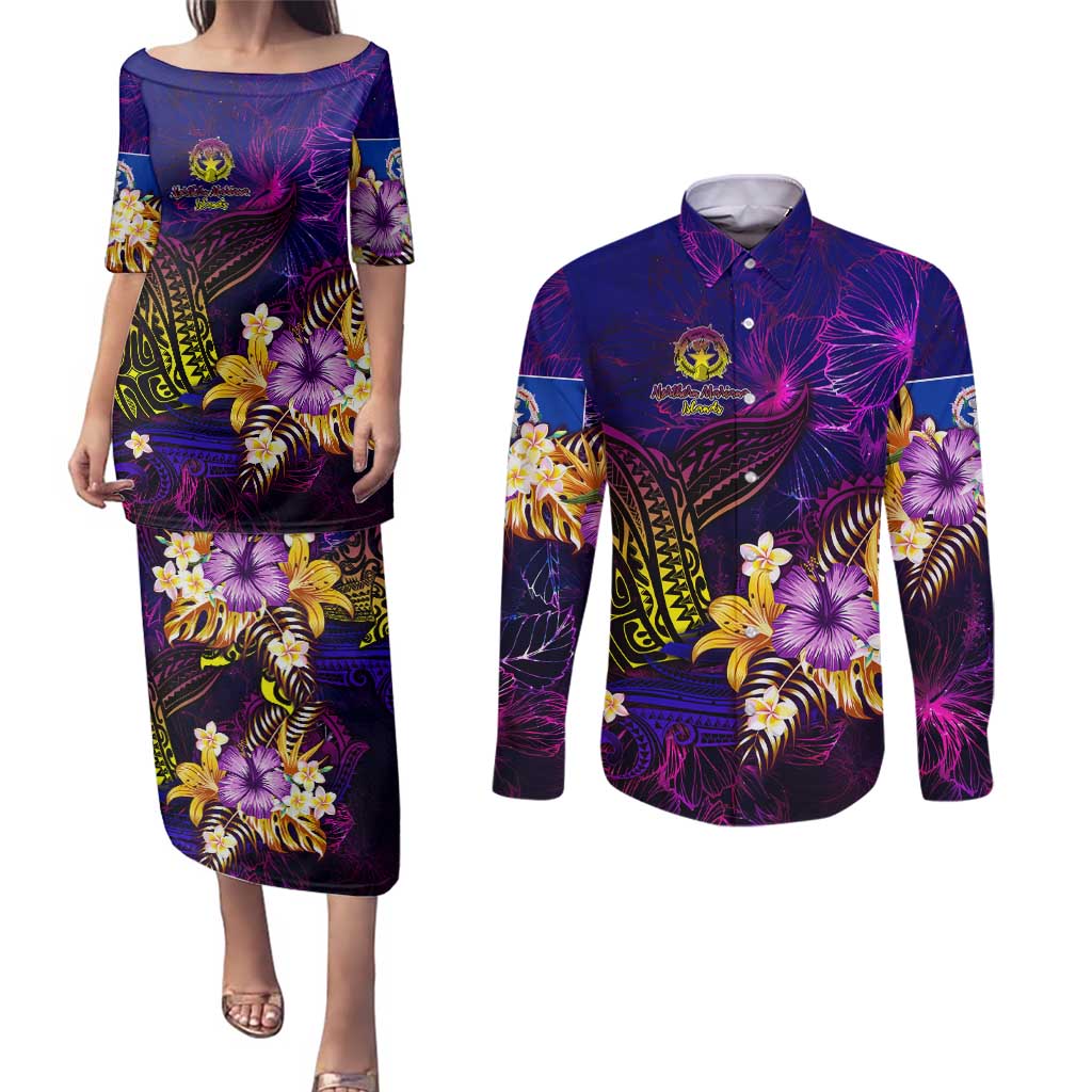 Northern Mariana Islands Couples Matching Puletasi and Long Sleeve Button Shirt Whale Hibiscus Polynesian DT02 Purple - Polynesian Pride