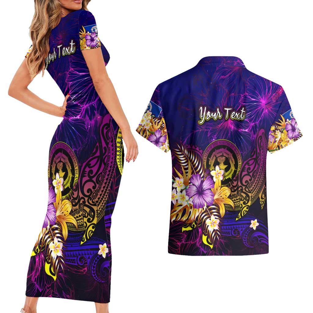Northern Mariana Islands Couples Matching Short Sleeve Bodycon Dress and Hawaiian Shirt Whale Hibiscus Polynesian