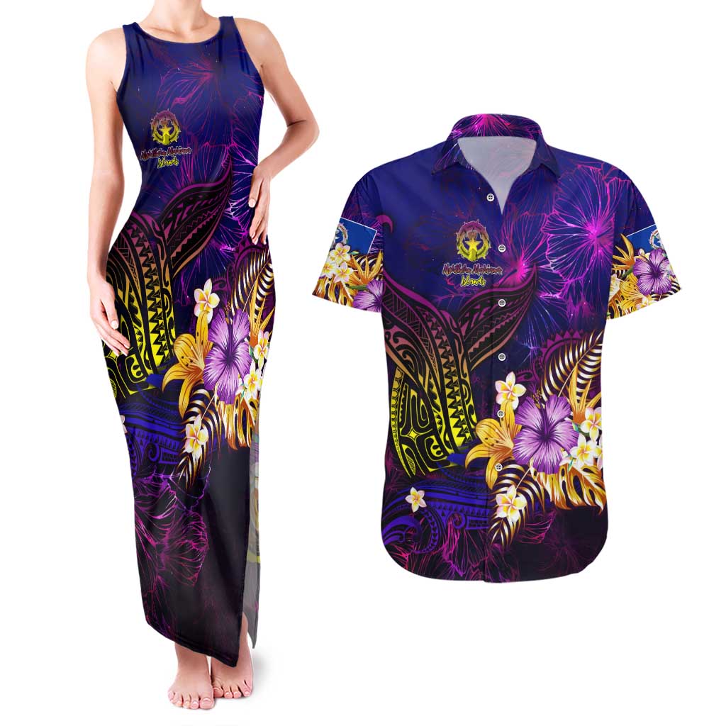 Northern Mariana Islands Couples Matching Tank Maxi Dress and Hawaiian Shirt Whale Hibiscus Polynesian DT02 Purple - Polynesian Pride