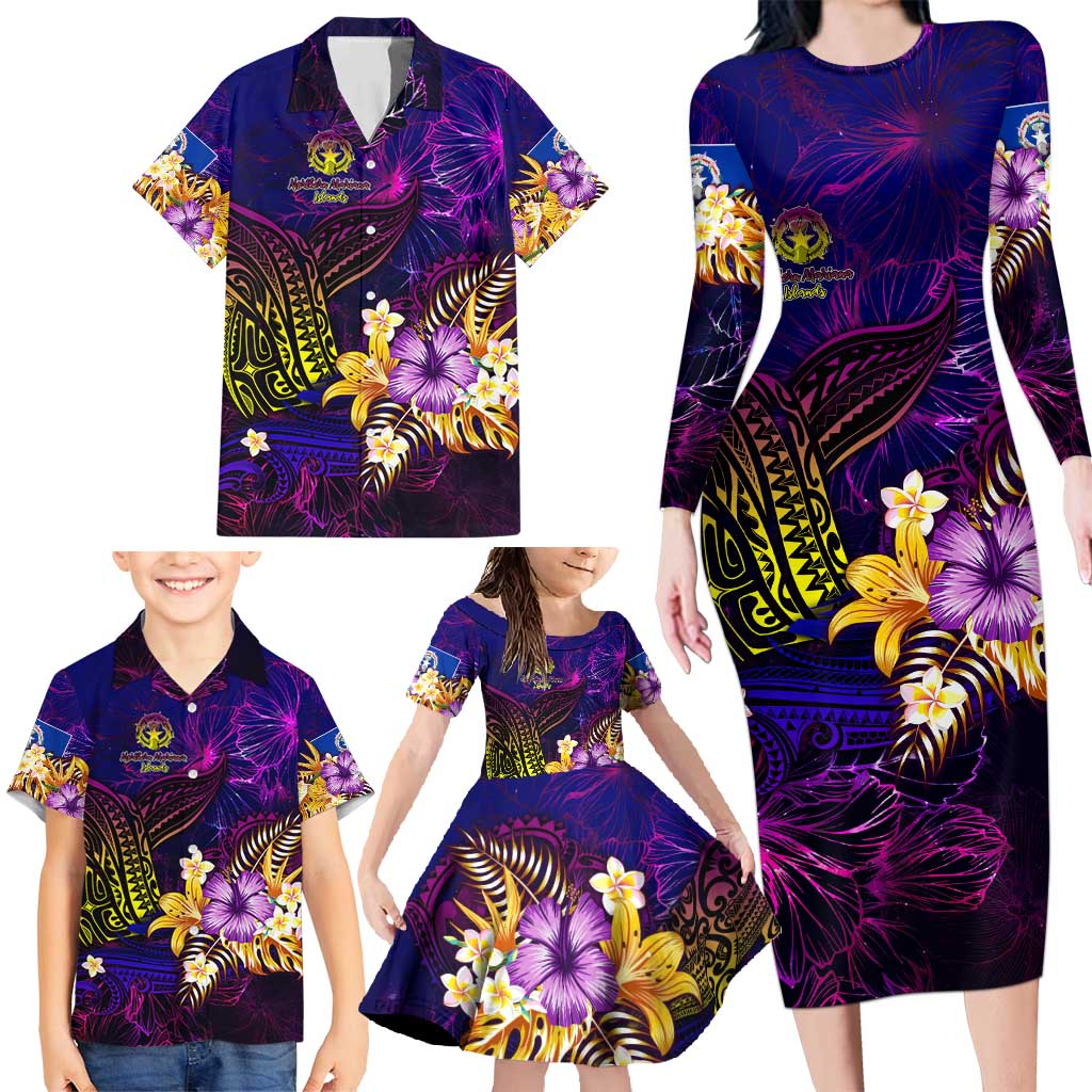 Northern Mariana Islands Family Matching Long Sleeve Bodycon Dress and Hawaiian Shirt Whale Hibiscus Polynesian