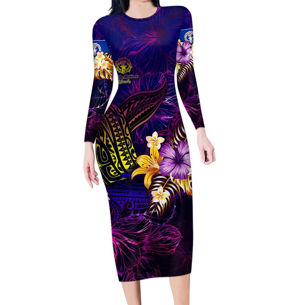 Northern Mariana Islands Family Matching Long Sleeve Bodycon Dress and Hawaiian Shirt Whale Hibiscus Polynesian