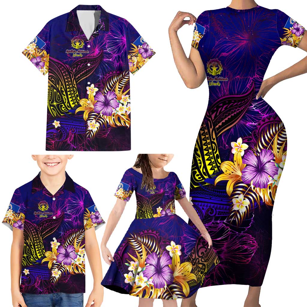 Northern Mariana Islands Family Matching Short Sleeve Bodycon Dress and Hawaiian Shirt Whale Hibiscus Polynesian