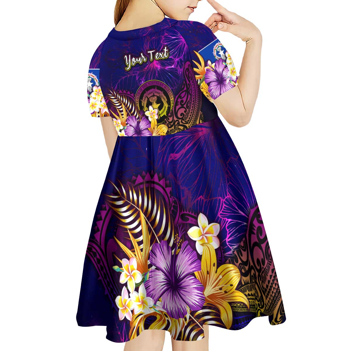 Northern Mariana Islands Kid Short Sleeve Dress Whale Hibiscus Polynesian