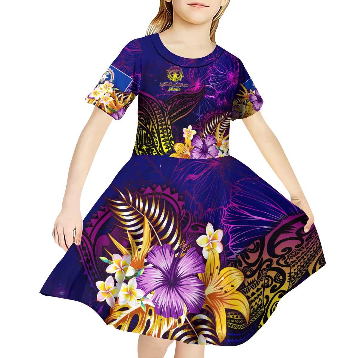 Northern Mariana Islands Kid Short Sleeve Dress Whale Hibiscus Polynesian