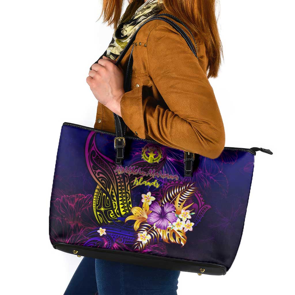 Northern Mariana Islands Leather Tote Bag Whale Hibiscus Polynesian DT02 Purple - Polynesian Pride