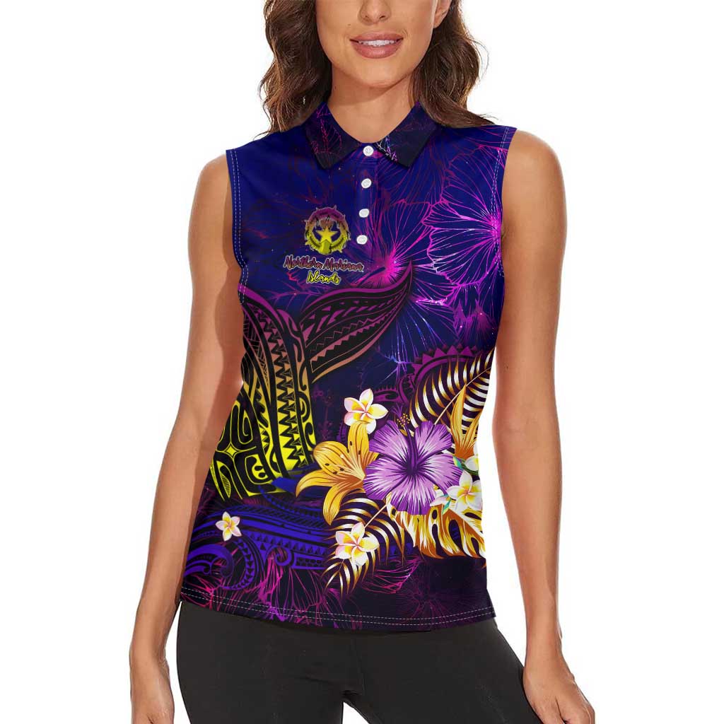 Northern Mariana Islands Women Sleeveless Polo Shirt Whale Hibiscus Polynesian