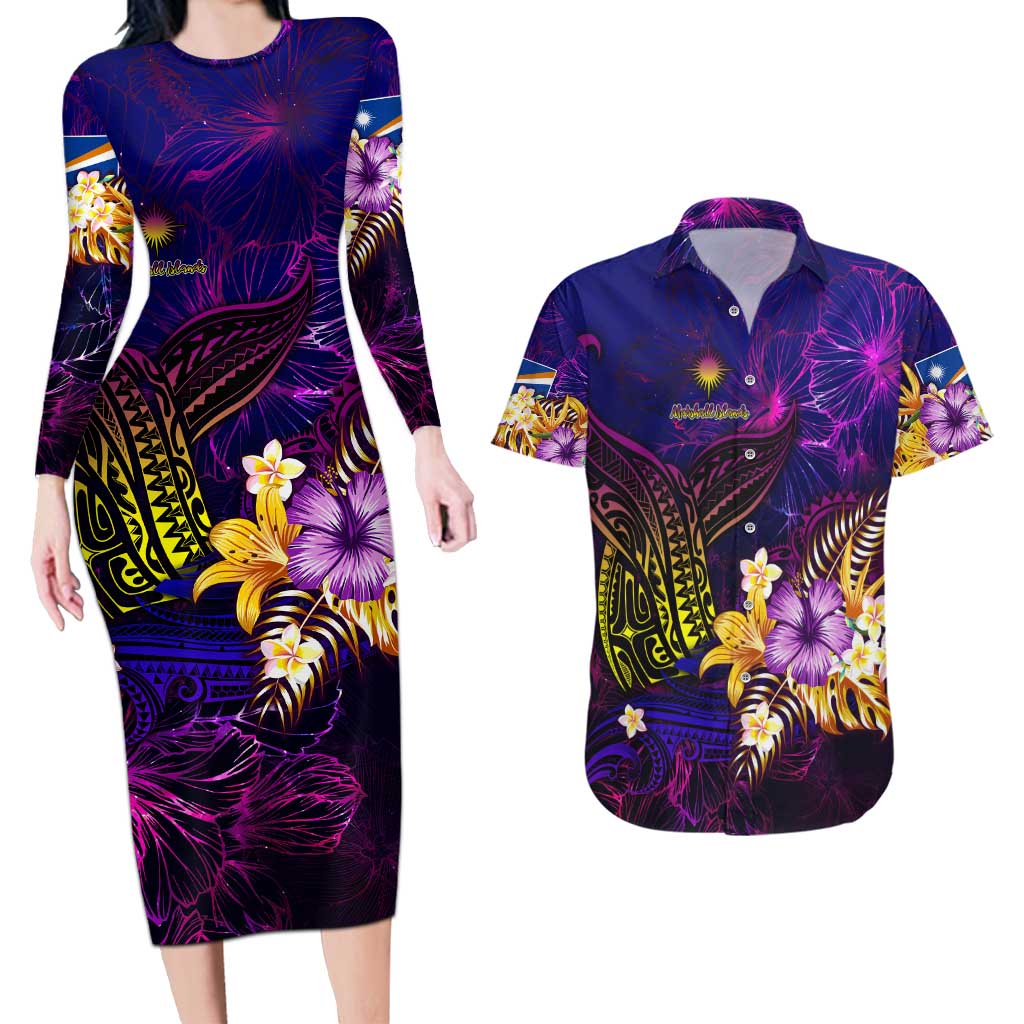 Marshall Islands Couples Matching Long Sleeve Bodycon Dress and Hawaiian Shirt Whale Hibiscus Polynesian DT02 Purple - Polynesian Pride