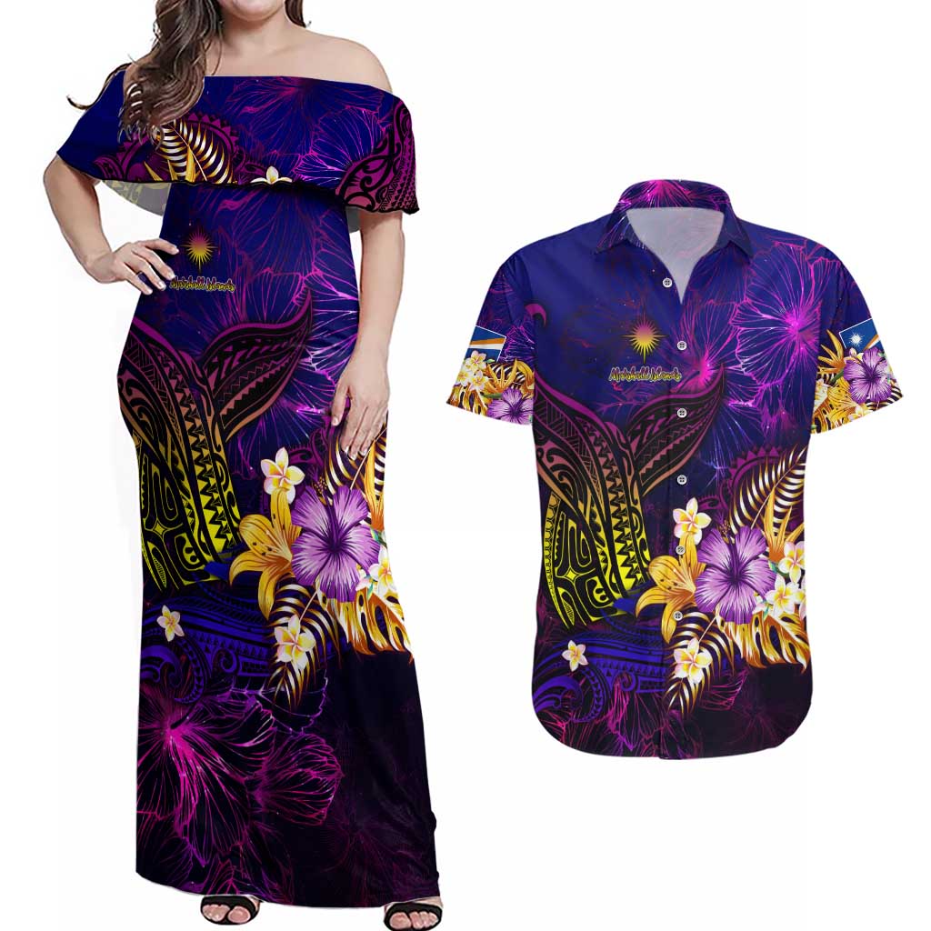Marshall Islands Couples Matching Off Shoulder Maxi Dress and Hawaiian Shirt Whale Hibiscus Polynesian DT02 Purple - Polynesian Pride