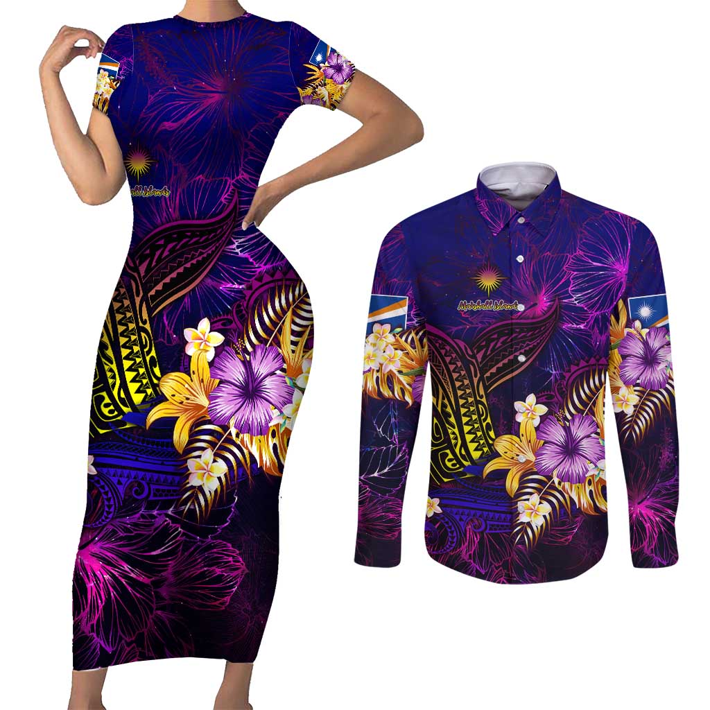 Marshall Islands Couples Matching Short Sleeve Bodycon Dress and Long Sleeve Button Shirt Whale Hibiscus Polynesian
