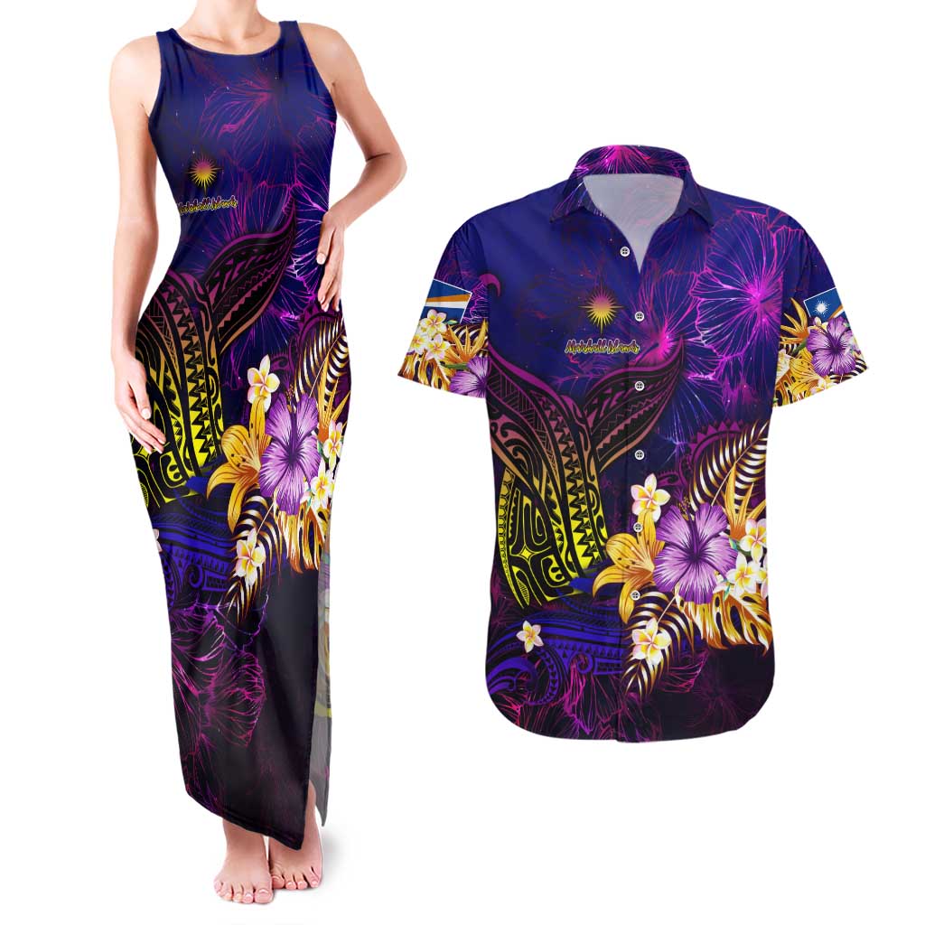 Marshall Islands Couples Matching Tank Maxi Dress and Hawaiian Shirt Whale Hibiscus Polynesian DT02 Purple - Polynesian Pride