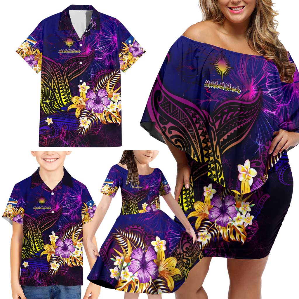 Marshall Islands Family Matching Off Shoulder Short Dress and Hawaiian Shirt Whale Hibiscus Polynesian