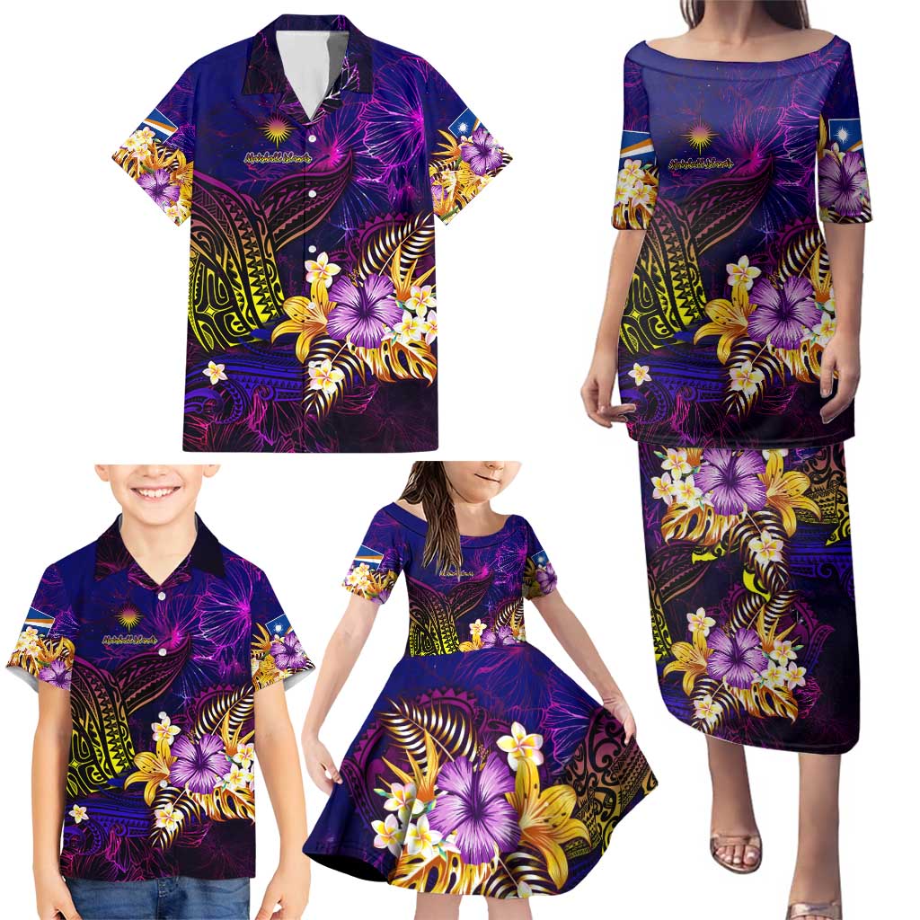Marshall Islands Family Matching Puletasi and Hawaiian Shirt Whale Hibiscus Polynesian