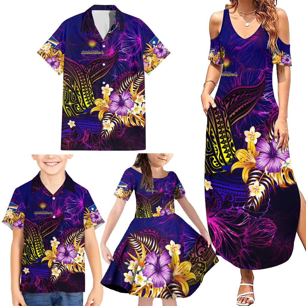 Marshall Islands Family Matching Summer Maxi Dress and Hawaiian Shirt Whale Hibiscus Polynesian