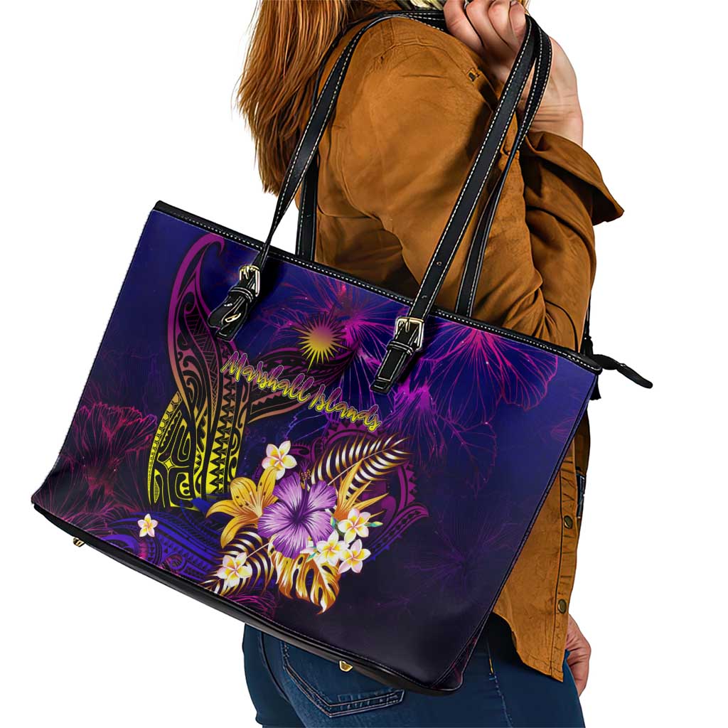 Marshall Islands Leather Tote Bag Whale Hibiscus Polynesian