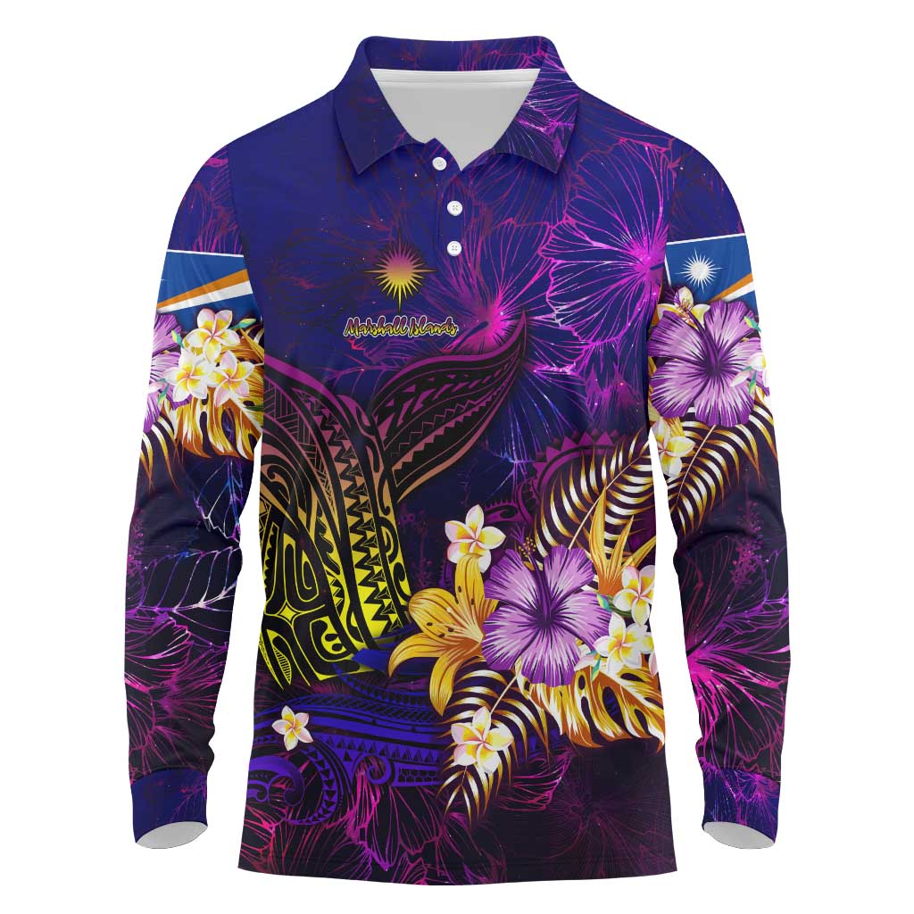 Marshall Islands Long Sleeve Polo Shirt Whale Hibiscus Polynesian