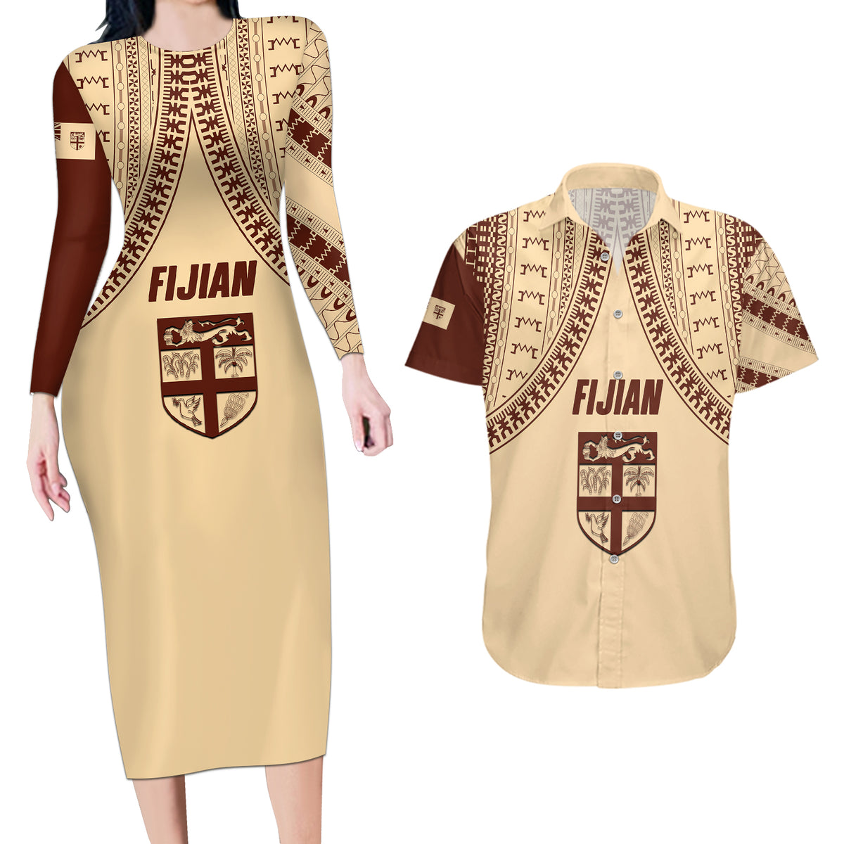 Fiji Bula Couples Matching Long Sleeve Bodycon Dress and Hawaiian Shirt Tapa Pattern Design DT02 Beige - Polynesian Pride