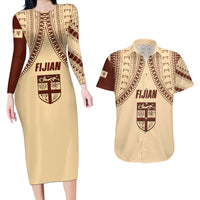 Fiji Bula Couples Matching Long Sleeve Bodycon Dress and Hawaiian Shirt Tapa Pattern Design DT02 Beige - Polynesian Pride