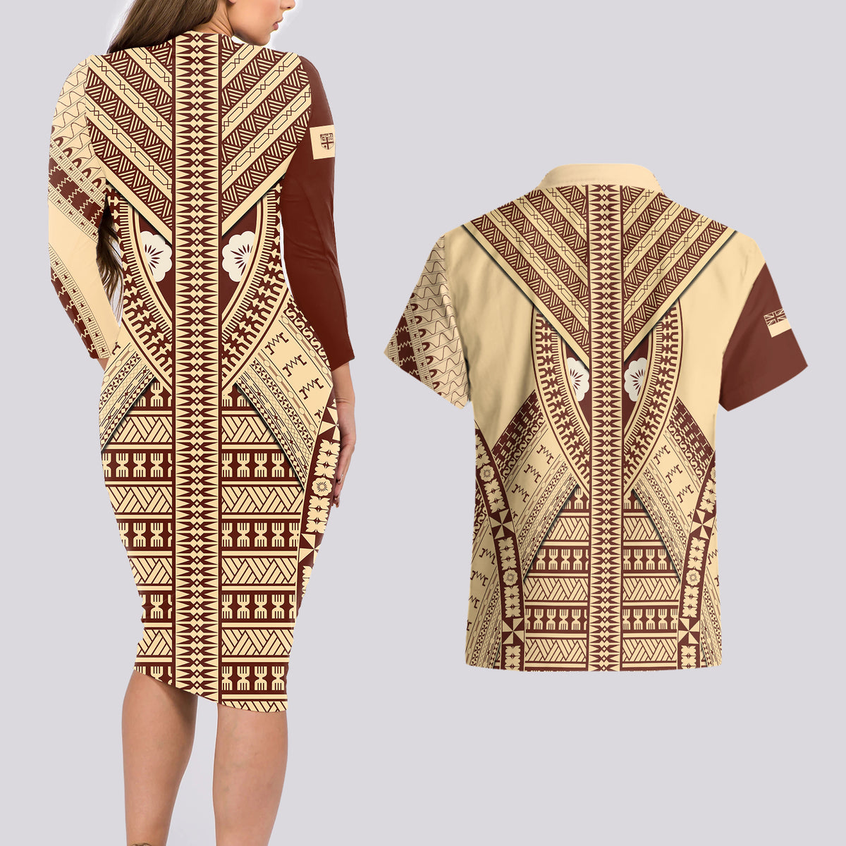 Fiji Bula Couples Matching Long Sleeve Bodycon Dress and Hawaiian Shirt Tapa Pattern Design DT02 - Polynesian Pride