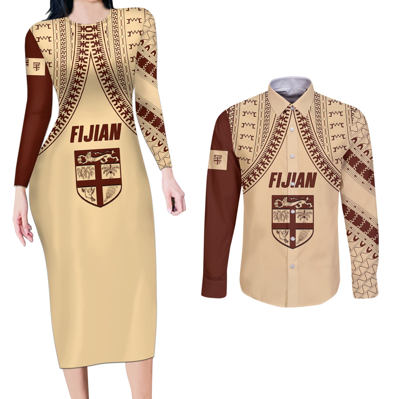 Fiji Bula Couples Matching Long Sleeve Bodycon Dress and Long Sleeve Button Shirts Tapa Pattern Design DT02 Beige - Polynesian Pride