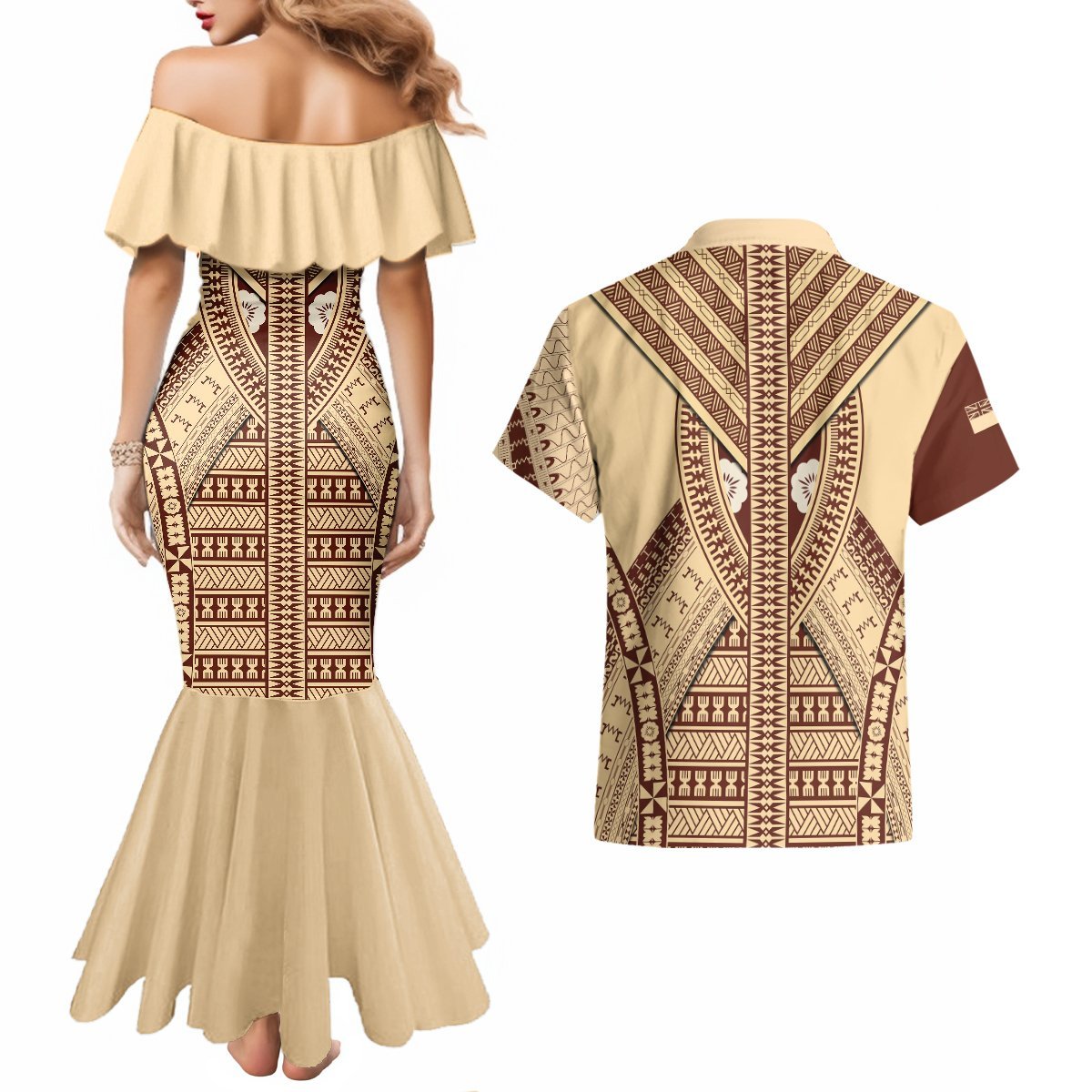 Fiji Bula Couples Matching Mermaid Dress and Hawaiian Shirt Tapa Pattern Design DT02 - Polynesian Pride