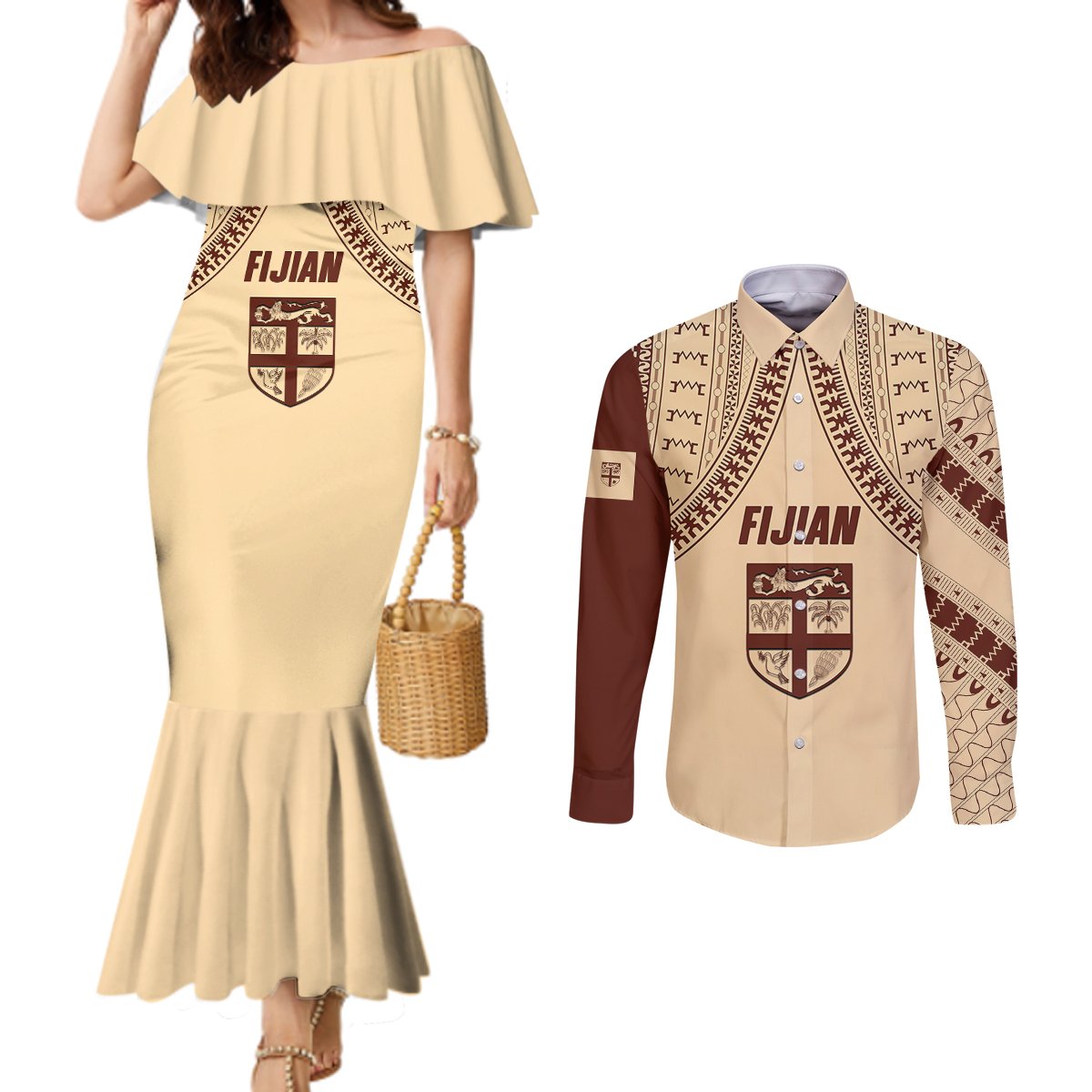 Fiji Bula Couples Matching Mermaid Dress and Long Sleeve Button Shirts Tapa Pattern Design DT02 Beige - Polynesian Pride