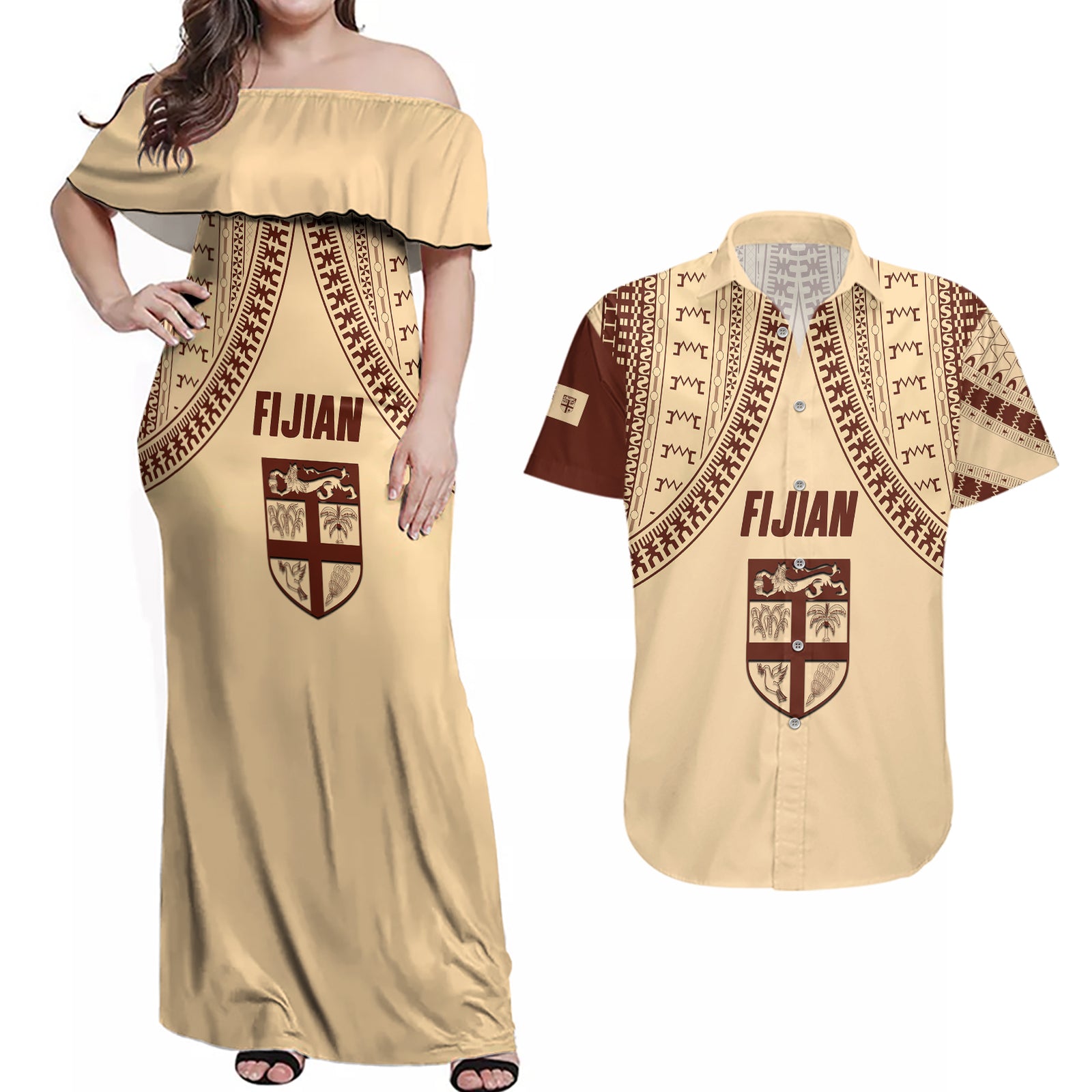 Fiji Bula Couples Matching Off Shoulder Maxi Dress and Hawaiian Shirt Tapa Pattern Design DT02 Beige - Polynesian Pride