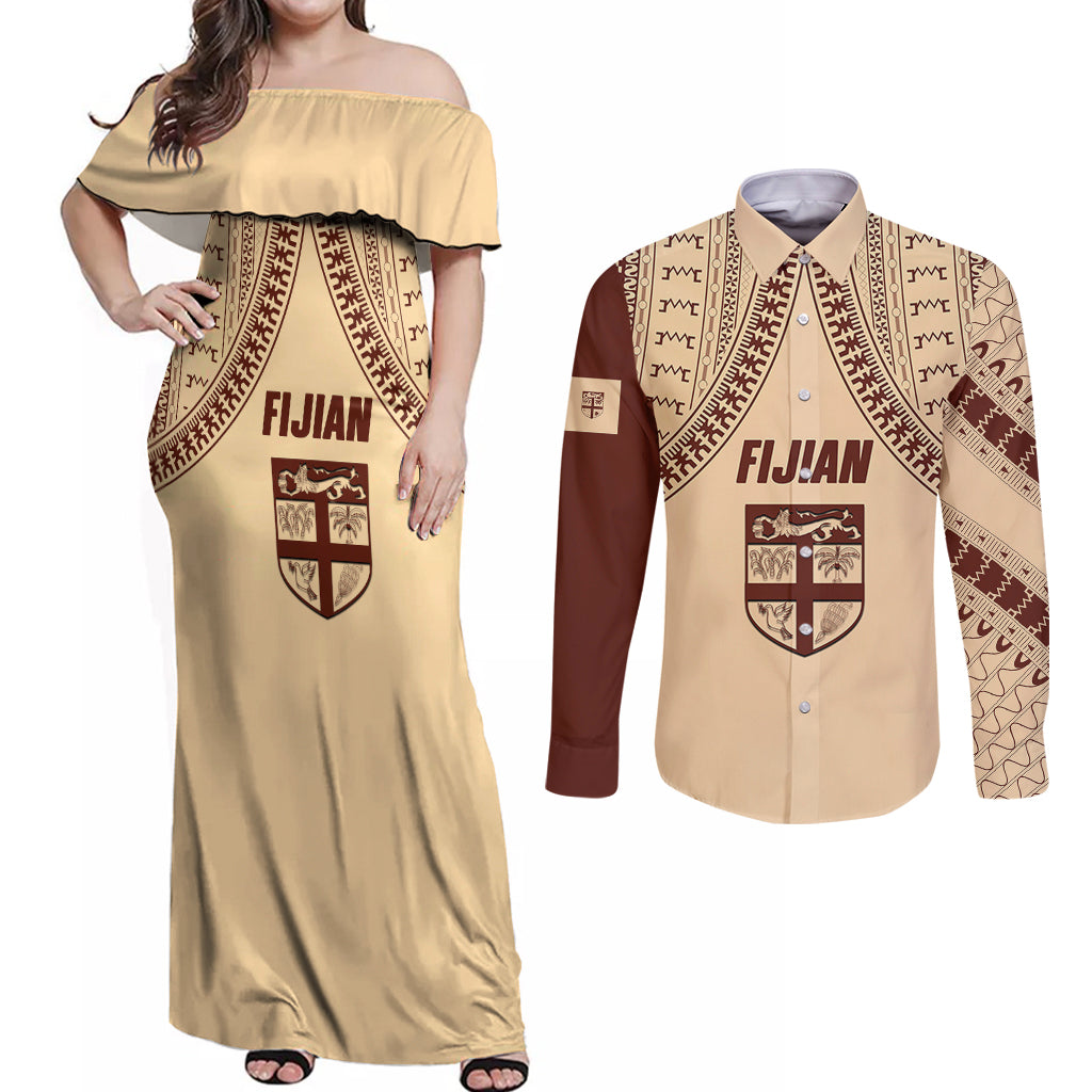 Fiji Bula Couples Matching Off Shoulder Maxi Dress and Long Sleeve Button Shirts Tapa Pattern Design DT02 Beige - Polynesian Pride