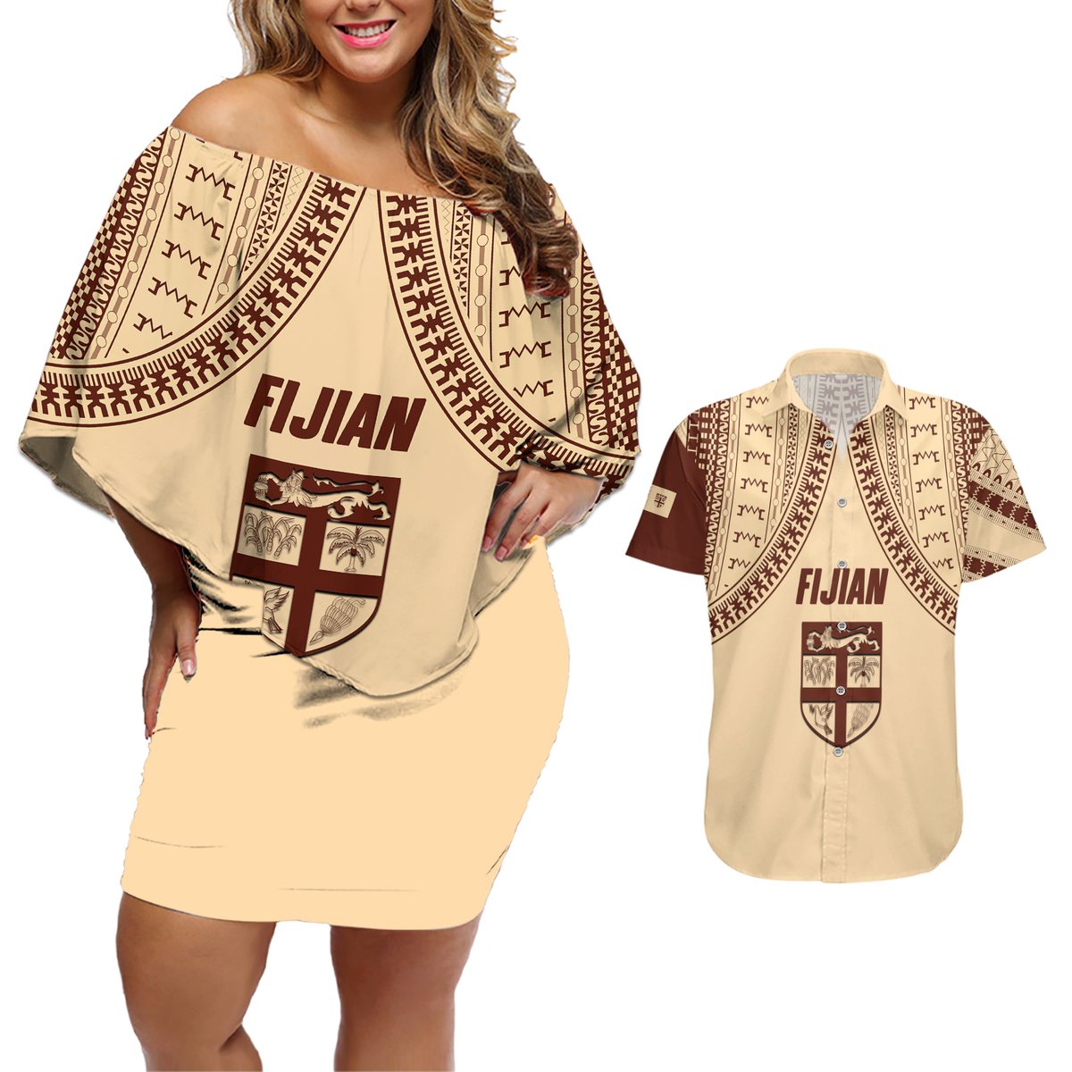 Fiji Bula Couples Matching Off Shoulder Short Dress and Hawaiian Shirt Tapa Pattern Design DT02 Beige - Polynesian Pride