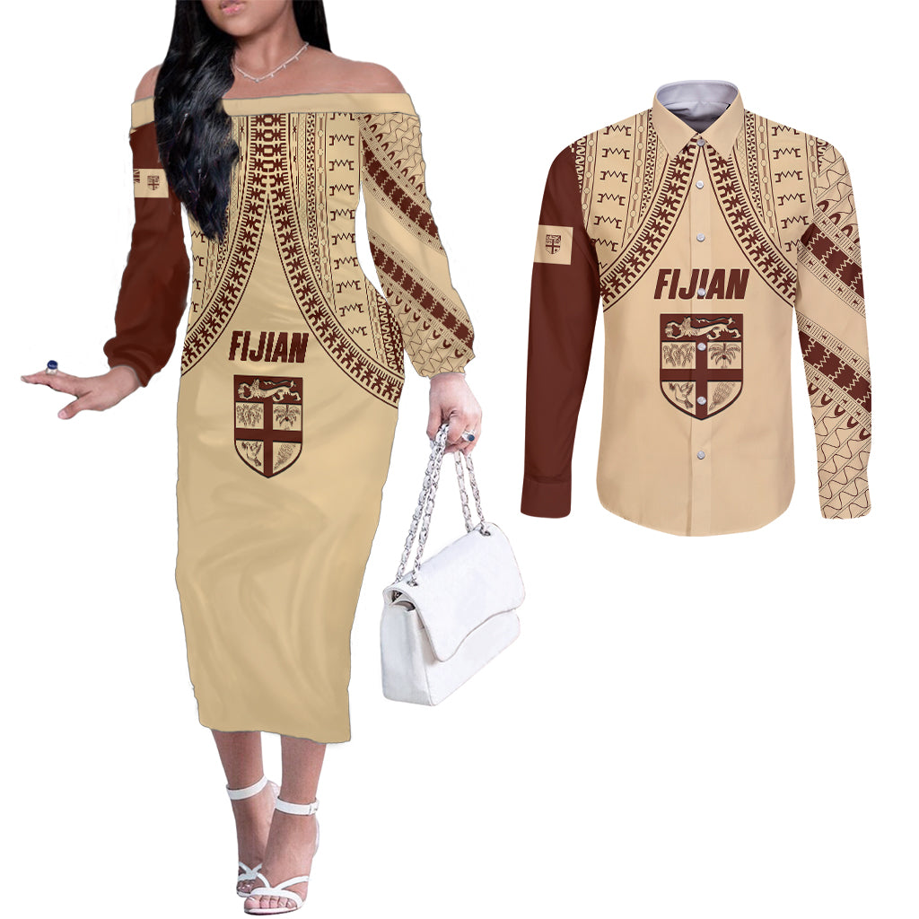 Fiji Bula Couples Matching Off The Shoulder Long Sleeve Dress and Long Sleeve Button Shirts Tapa Pattern Design DT02 Beige - Polynesian Pride