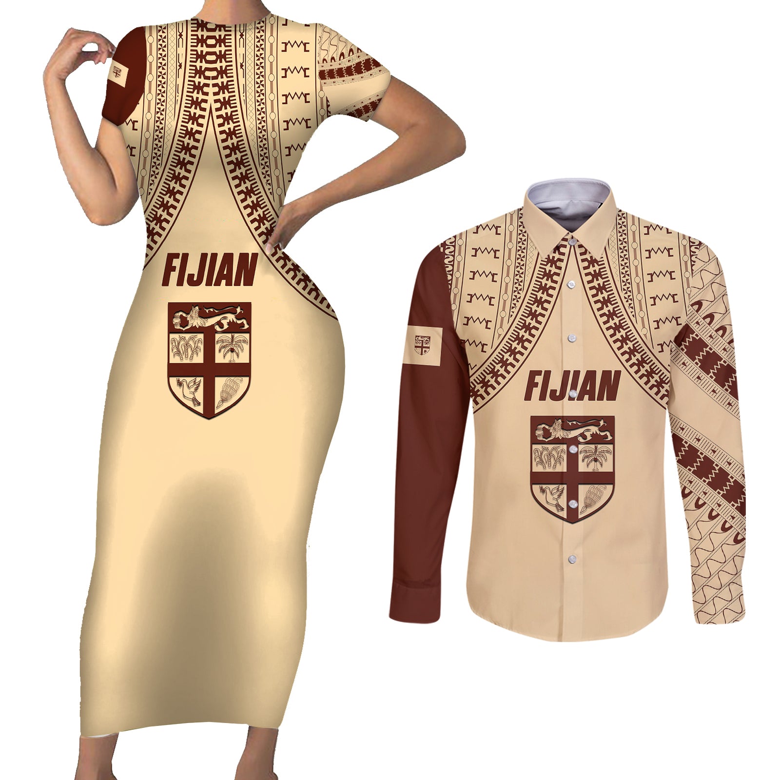 Fiji Bula Couples Matching Short Sleeve Bodycon Dress and Long Sleeve Button Shirts Tapa Pattern Design DT02 Beige - Polynesian Pride