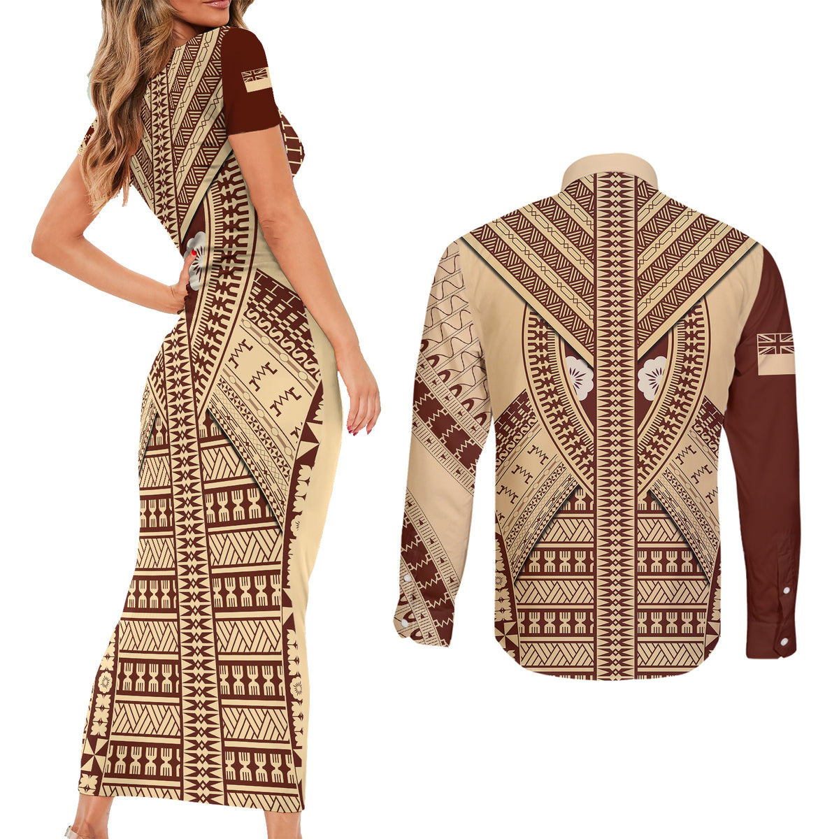 fiji-bula-couples-matching-short-sleeve-bodycon-dress-and-long-sleeve-button-shirts-tapa-pattern-design