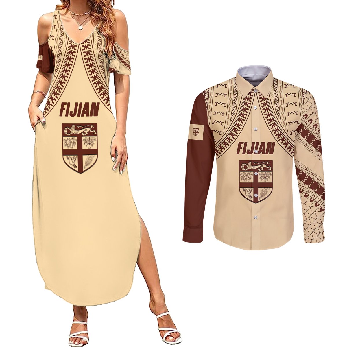 Fiji Bula Couples Matching Summer Maxi Dress and Long Sleeve Button Shirts Tapa Pattern Design DT02 Beige - Polynesian Pride