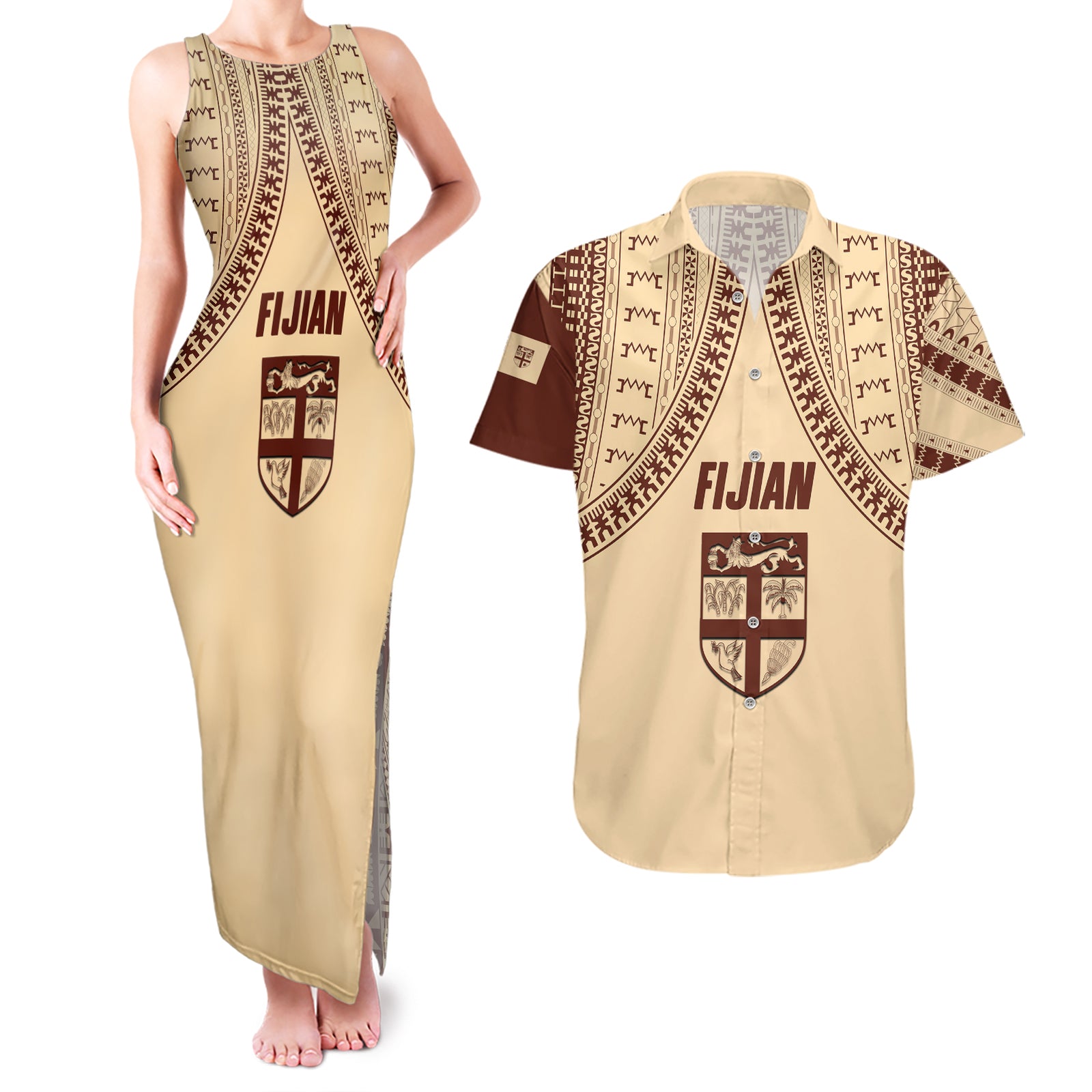 Fiji Bula Couples Matching Tank Maxi Dress and Hawaiian Shirt Tapa Pattern Design DT02 Beige - Polynesian Pride