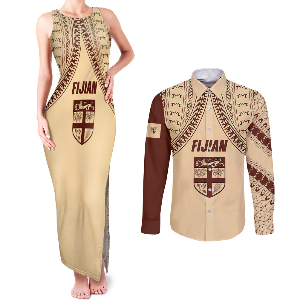 Fiji Bula Couples Matching Tank Maxi Dress and Long Sleeve Button Shirts Tapa Pattern Design DT02 Beige - Polynesian Pride