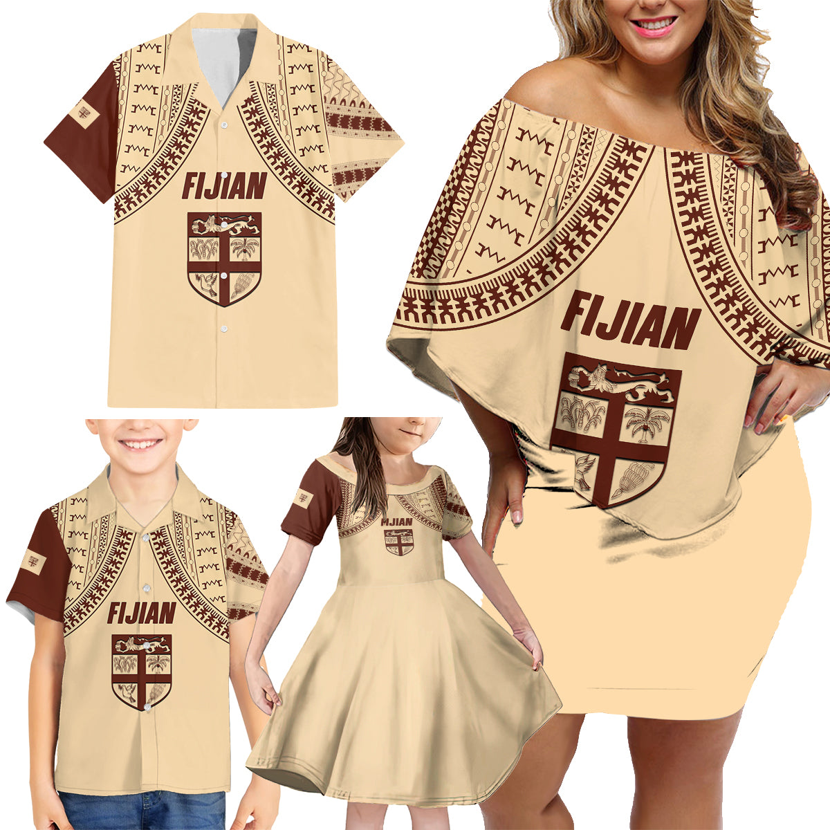 Fiji Bula Family Matching Off Shoulder Short Dress and Hawaiian Shirt Tapa Pattern Design DT02 - Polynesian Pride