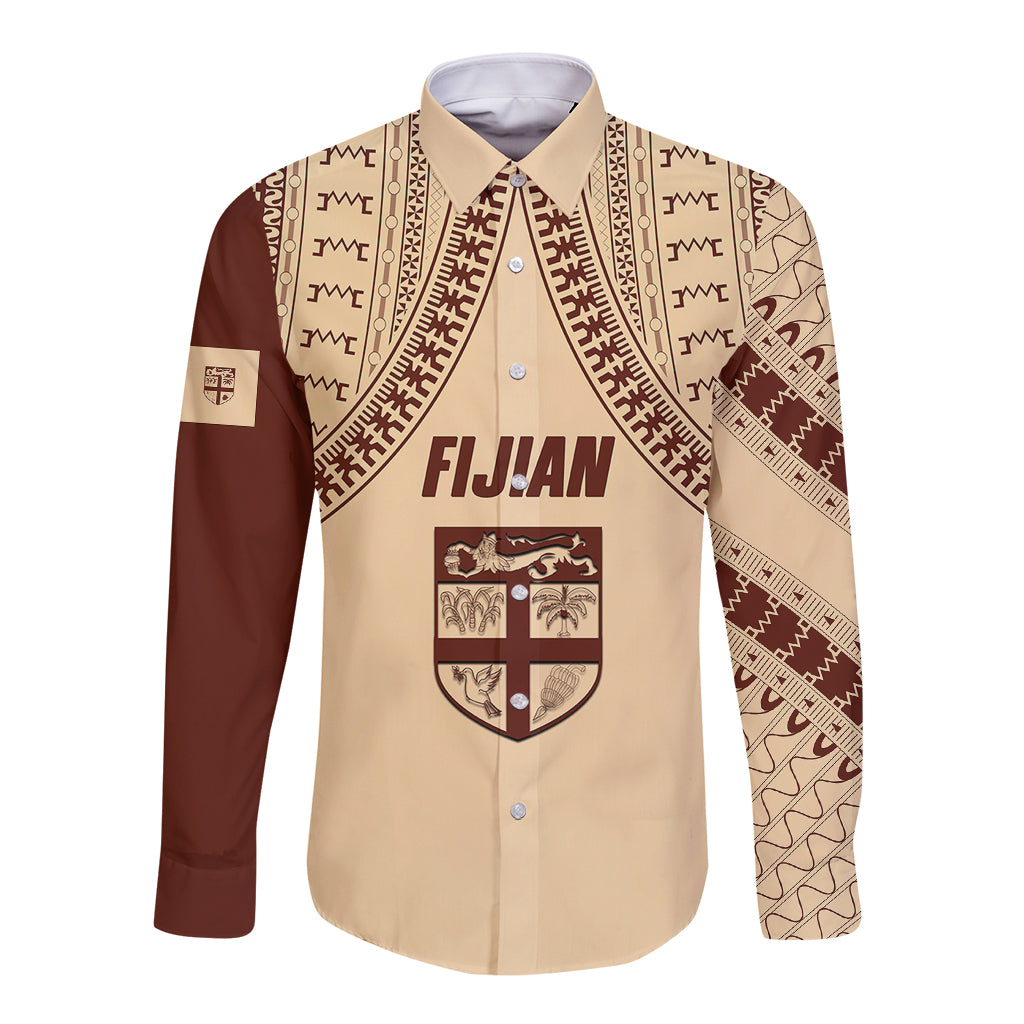 Fiji Bula Long Sleeve Button Shirt Tapa Pattern Design DT02 Unisex Beige - Polynesian Pride