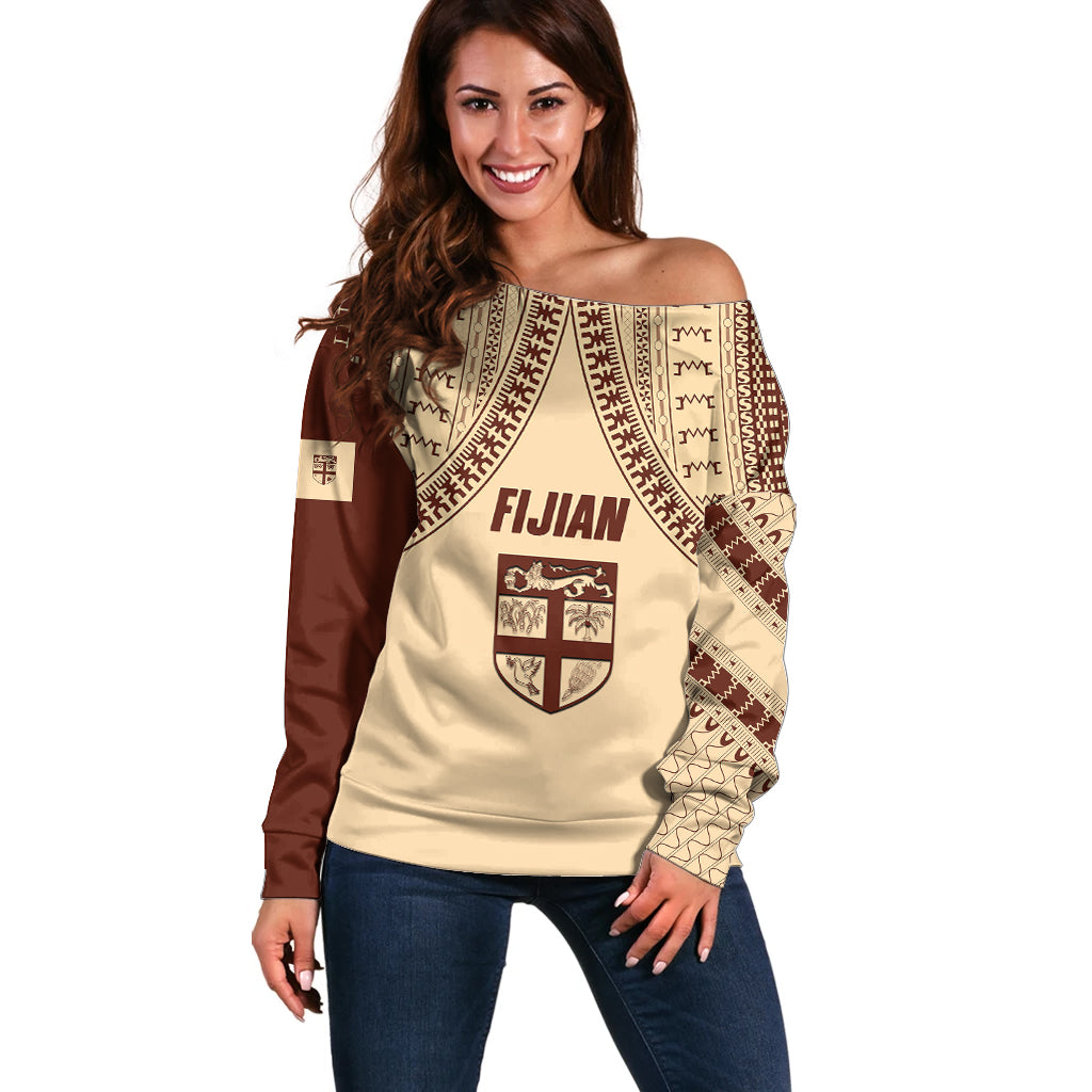 Fiji Bula Off Shoulder Sweater Tapa Pattern Design DT02 Women Beige - Polynesian Pride