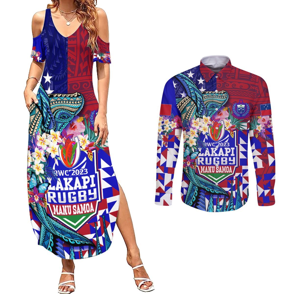 Manu Samoa Rugby 2023 Couples Matching Summer Maxi Dress and Long Sleeve Button Shirts Humpback Whale Hexagon Tribal Tropical Style DT02 Blue - Polynesian Pride