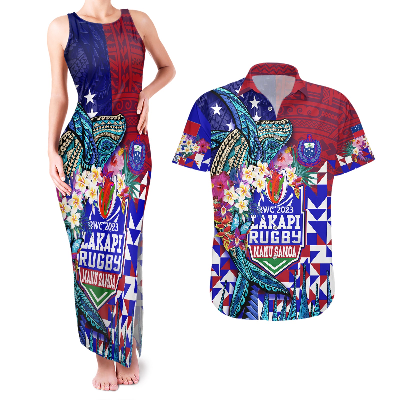 Manu Samoa Rugby 2023 Couples Matching Tank Maxi Dress and Hawaiian Shirt Humpback Whale Hexagon Tribal Tropical Style DT02 Blue - Polynesian Pride