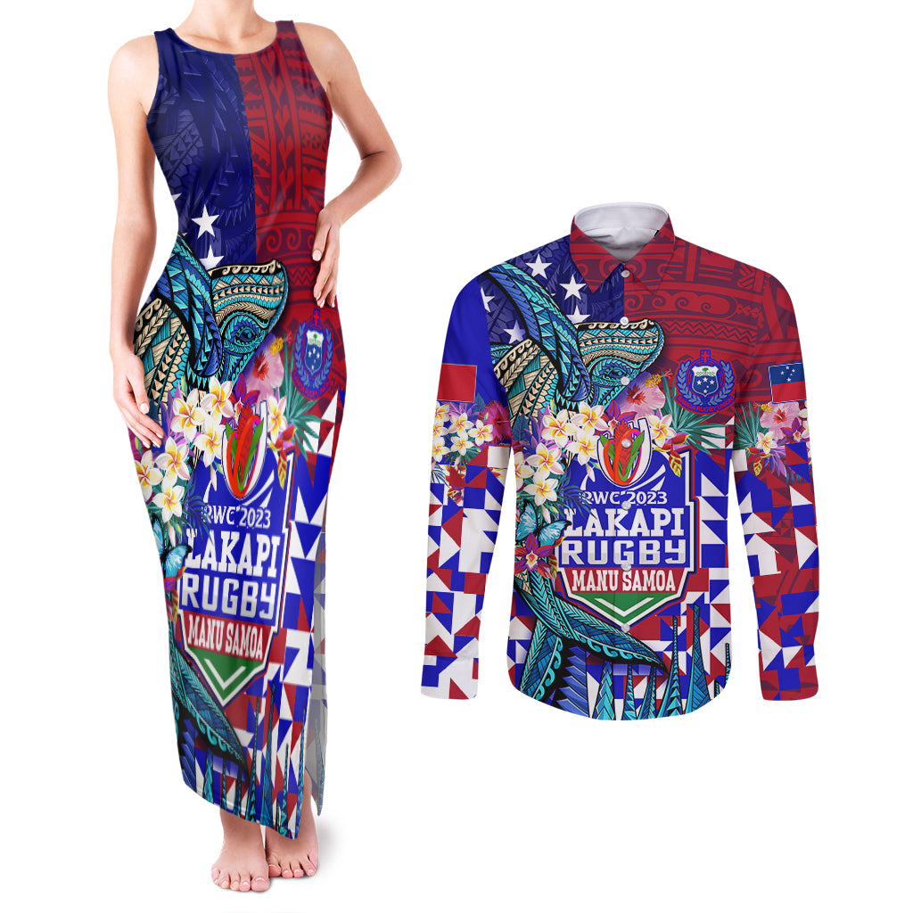 Manu Samoa Rugby 2023 Couples Matching Tank Maxi Dress and Long Sleeve Button Shirts Humpback Whale Hexagon Tribal Tropical Style DT02 Blue - Polynesian Pride