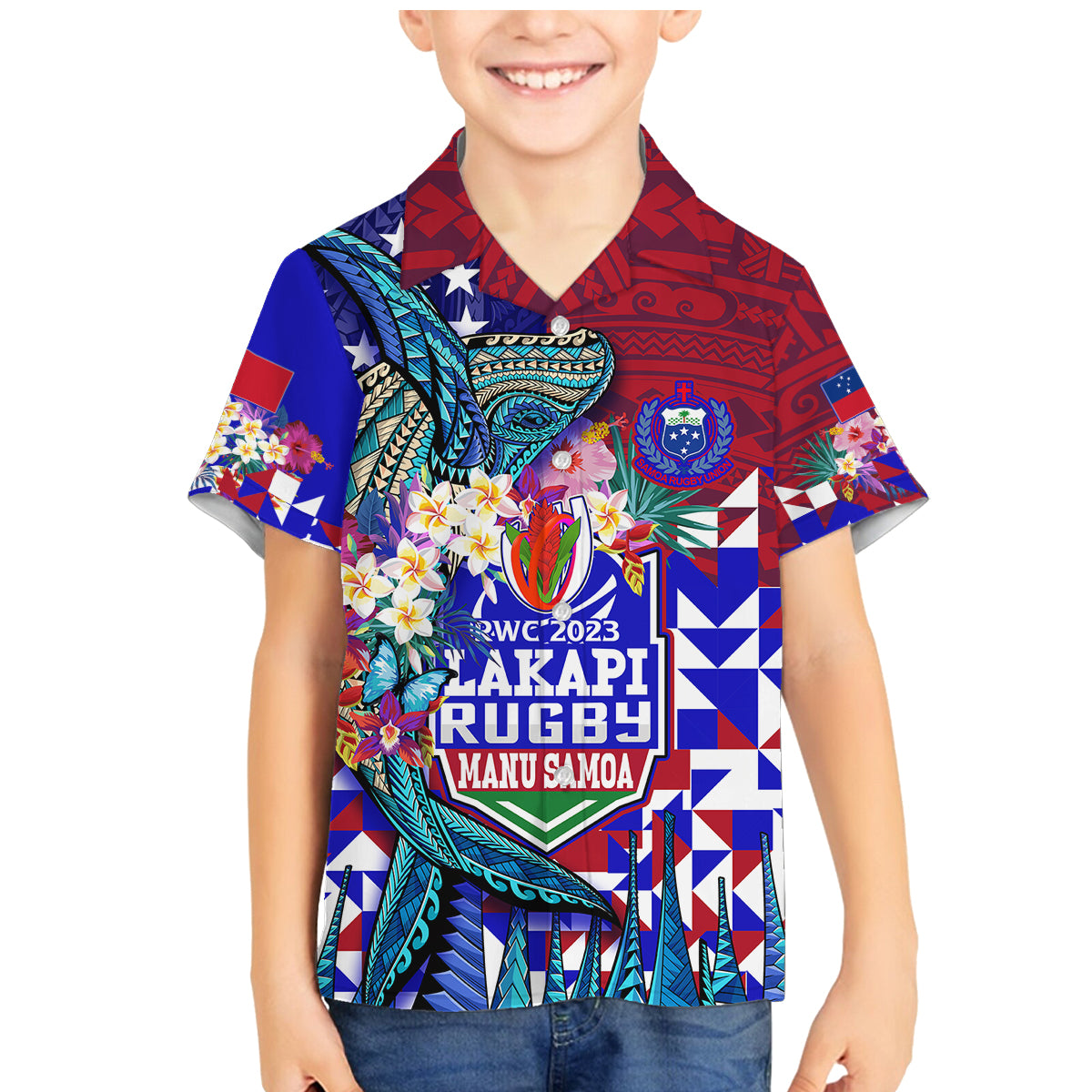 manu-samoa-rugby-2023-family-matching-mermaid-dress-and-hawaiian-shirt-humpback-whale-hexagon-tribal-tropical-style