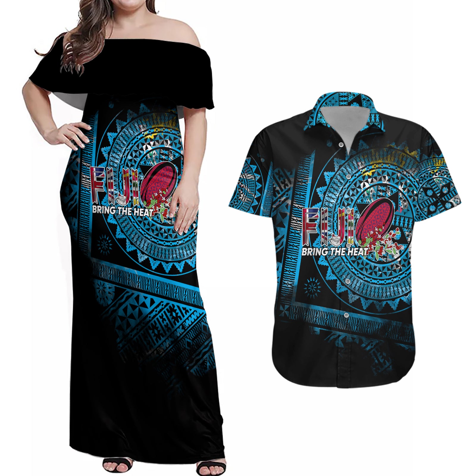 Fiji Rugby Couples Matching Off Shoulder Maxi Dress and Hawaiian Shirt Bring The Heat DT02 Blue - Polynesian Pride
