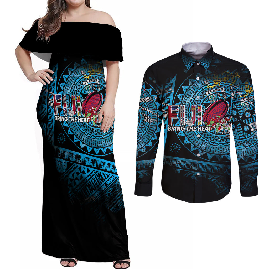 Fiji Rugby Couples Matching Off Shoulder Maxi Dress and Long Sleeve Button Shirts Bring The Heat DT02 Blue - Polynesian Pride