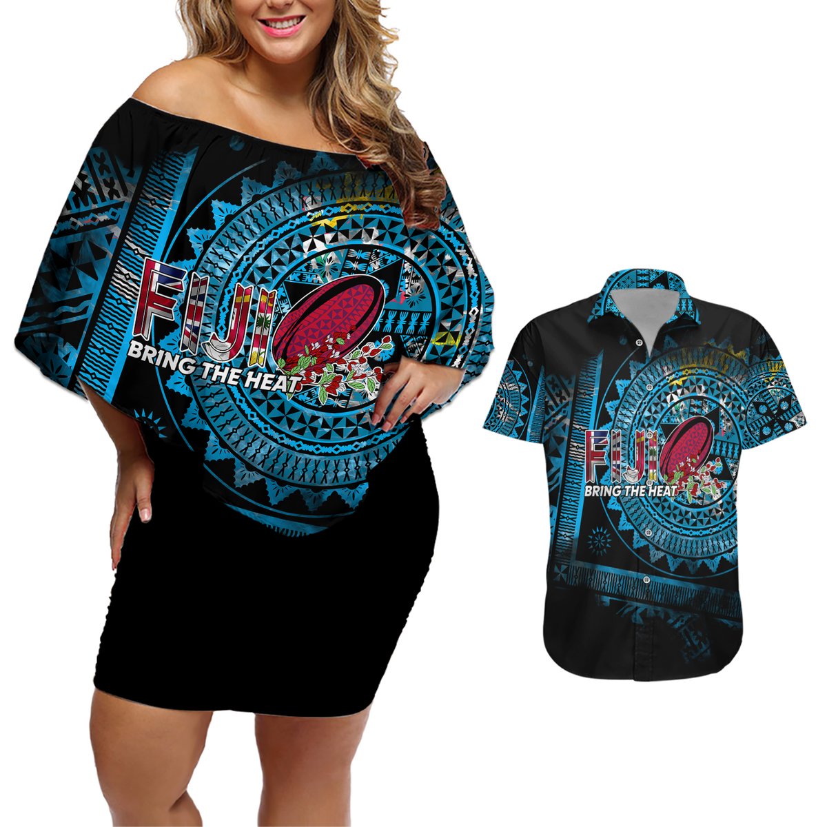 Fiji Rugby Couples Matching Off Shoulder Short Dress and Hawaiian Shirt Bring The Heat DT02 Blue - Polynesian Pride