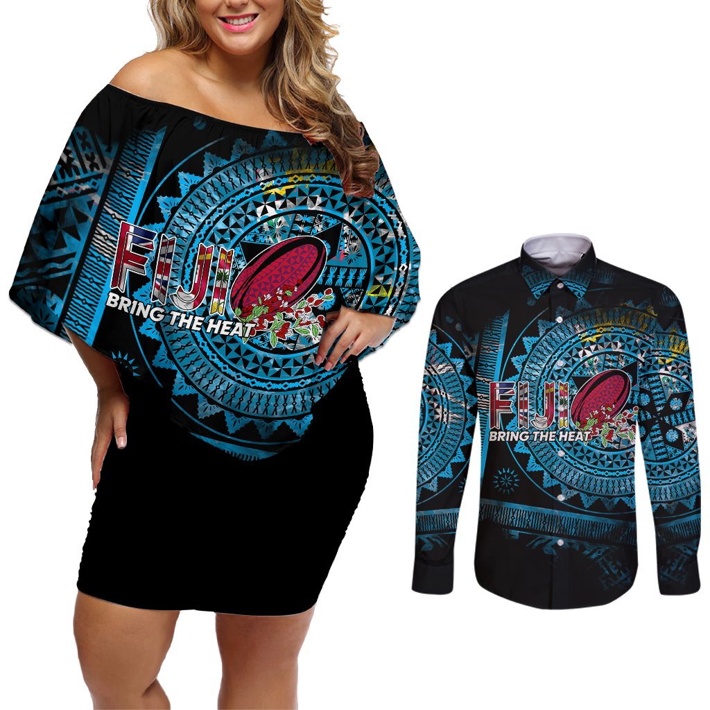 Fiji Rugby Couples Matching Off Shoulder Short Dress and Long Sleeve Button Shirts Bring The Heat DT02 Blue - Polynesian Pride