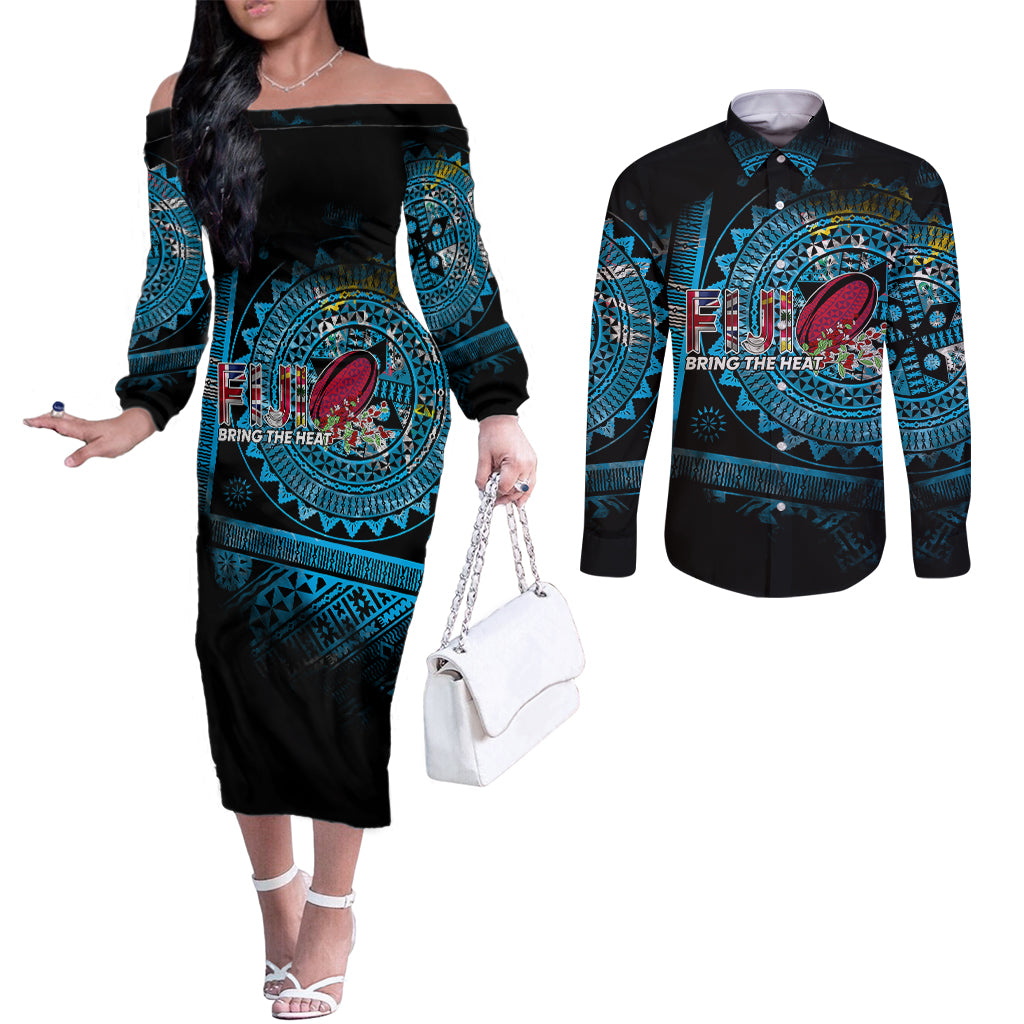 Fiji Rugby Couples Matching Off The Shoulder Long Sleeve Dress and Long Sleeve Button Shirts Bring The Heat DT02 Blue - Polynesian Pride