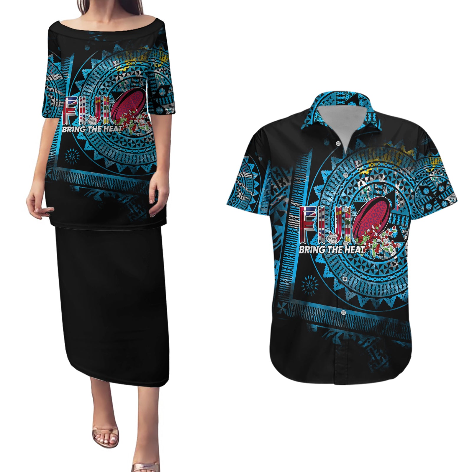 Fiji Rugby Couples Matching Puletasi Dress and Hawaiian Shirt Bring The Heat DT02 Blue - Polynesian Pride